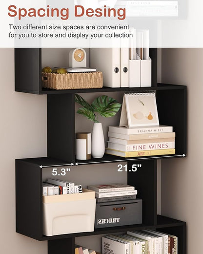 Yusong Bookshelf 5-Tier, Geometric Bookcase S Shaped Book Shelves for Bedroom, Modern Wood Decorative Display Shelf Book Case for Home Office, Black