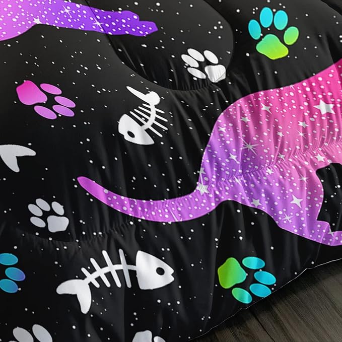 Cute Cat Comforter Kids Bedding Set Full,3Pcs Soft Paw Fish Bone Print Quilt Set Bed in A Bag with 1 Comforter 2 Pillowcases for Kids Boys Girls Teens Adults Room Decor All Season Gradient Purple Blue