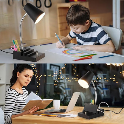 Study Desk Lamp with USB Charging and Type-C Night Light, Gooseneck LED Table Lamp Stepless Dimming Study Table Lamp with Pen Holder for College Dorm Bedroom and Office (Black)