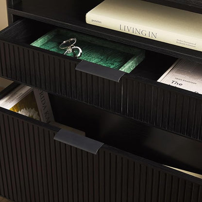 Walker Edison Modern Reeded 4-Shelf Bookshelf Bottom, 33 Inch, Two-Drawer Black