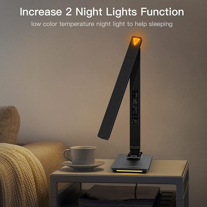 LED Desk Lamp with Wireless Charger, USB Charging Port, Sliding Dimmable Auto Timer Table Lamp with Night Light, Desk Lights with Clock for Study Reading Home Office