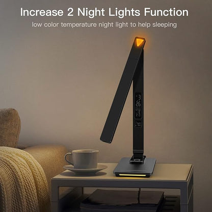 LED Desk Lamp with Wireless Charger, USB Charging Port, Sliding Dimmable Auto Timer Table Lamp with Night Light, Desk Lights with Clock for Study Reading Home Office