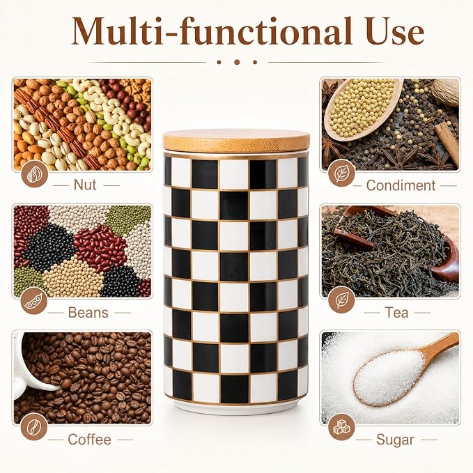 Kitchen Countertop Ceramic Checkered Canisters,Black And White Food Storage Containers With Lid,Airtight Kitchen Canisters for Flour, Sugar, Coffee, Tea, and Dry Goods (Black, Large)