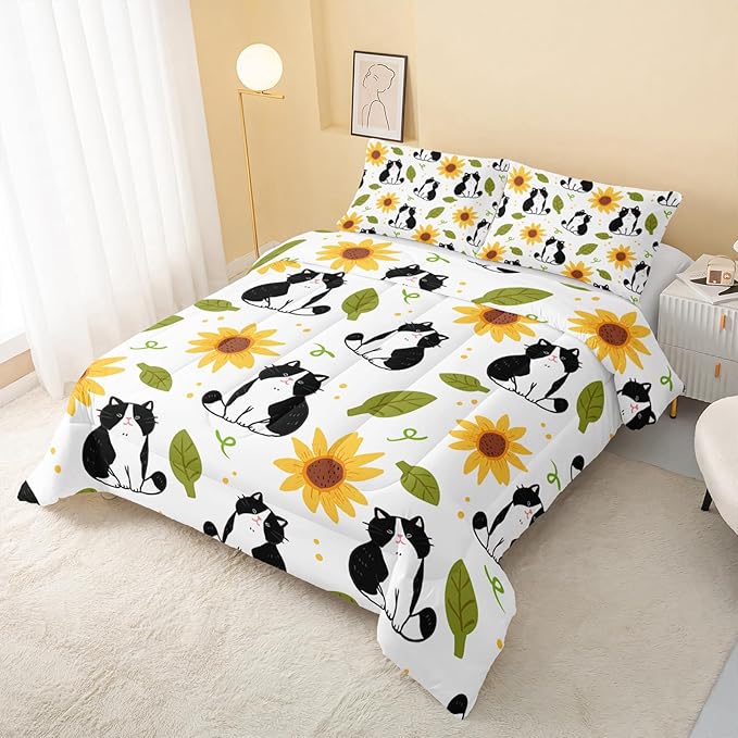 Kawaii Cat Comforter Full Size,Sunflower Cat Comforter Set for Kids Teens Girls Boys,3Pcs Bedding Set Printed Comforter with 2 Pillowcases,Down Alternative,Soft and Lightweight，Full Size