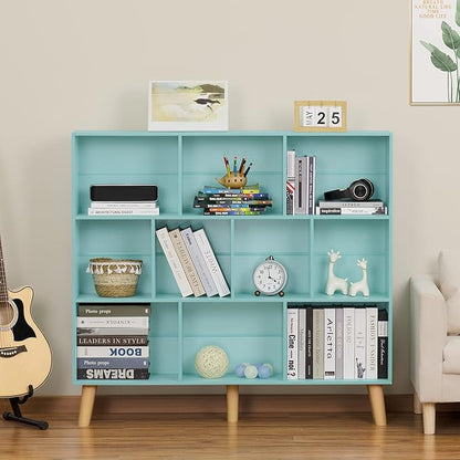 LEYAOYAO 10 Cube Bookshelf,3 Tier Modern Wide Bookcase with Legs,Mid-Century Wood Bookshelves Storage,Mint-Green Large Book Case,Freestanding Organizer Display Shelf for Bedroom,Living Room,Office
