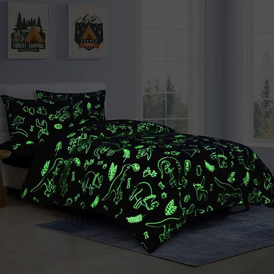 HOMBYS Glow in The Dark Comforter Set 7 Piece Full with Sheets, Blue Dinosaur Velvet Bedding Comforter Sets for Twin Bed, Ultra Soft Down Alternative Comforter for Boys Kids, Bed in a Bag