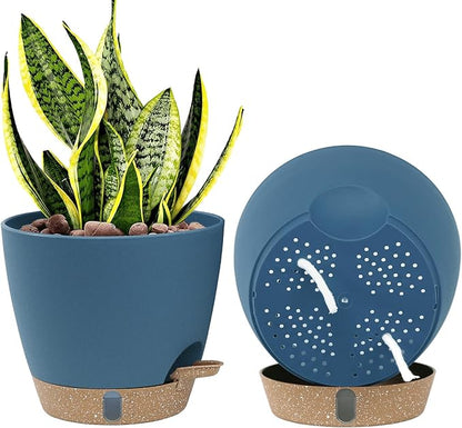 montresor 2-Pack of 8inch Self Watering Pots Blue Sturdy Plastic Flower Pot for Indoor Plants with Cotton Rope and Visual Water Storage Tray, Plastic Pots for Plants