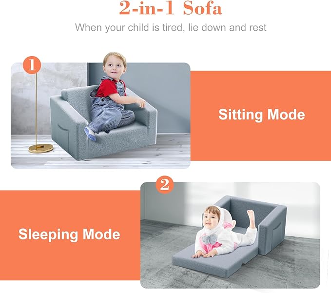 Extra Wide 2 Seater Kids Couch, 2-in-1 Toddler Chairs for Boys & Girls, Kids Sofa with Storage, Comfortable Mini Couch for Kids, Fun Kids Lounge Chair, Toddler Furniture,Children's Gifts(Grey)