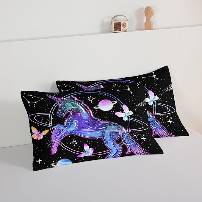 HOSIMA Unicorn Bedding Sets for Girls Kids,Butterfly Star Empty Galaxy Comforter,Unicorn Bedroom Decor for Girls Boys,Soft Microfiber Black King Size Comforter Set,Butterfly Crib Bedding Set.