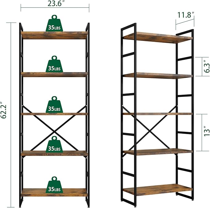 Shintenchi 2 Pieces 5 Tiers Bookshelf, Classically Tall Bookcase Shelf, Industrial Book Rack, Modern Book Holder in Bedroom/Living Room/Home/Office, Storage Rack Shelves for Books/movies-Rustic Brown