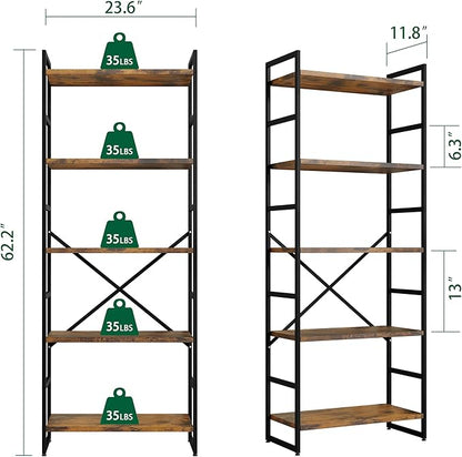 Shintenchi 2 Pieces 5 Tiers Bookshelf, Classically Tall Bookcase Shelf, Industrial Book Rack, Modern Book Holder in Bedroom/Living Room/Home/Office, Storage Rack Shelves for Books/movies-Rustic Brown