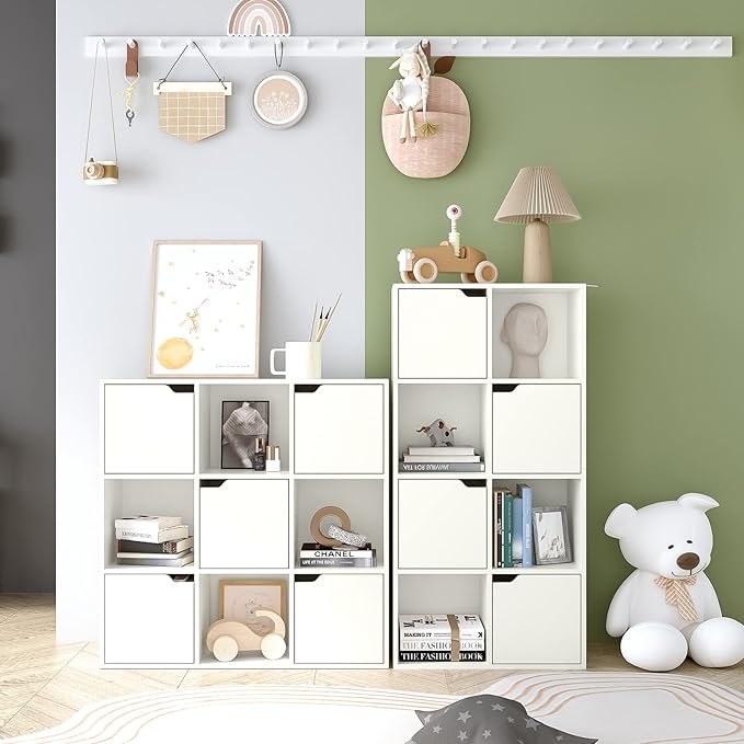 9-Cube Storage Shelf Bookcase - Wooden 3-Tier Floor Standing Open Bookshelf with Doors for Home and Office, Display Cabinet, Warm White