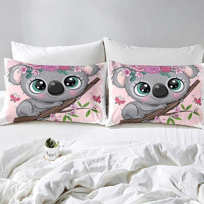 Erosebridal Cartoon Koala Comforter Set King Size, Cute Koala Bedding Set, Cherry Blossom Rose Quilted Duvet for Kids Baby Toddler, Nursery Quilt Set, Butterfly Branch Leaves Duvet Set