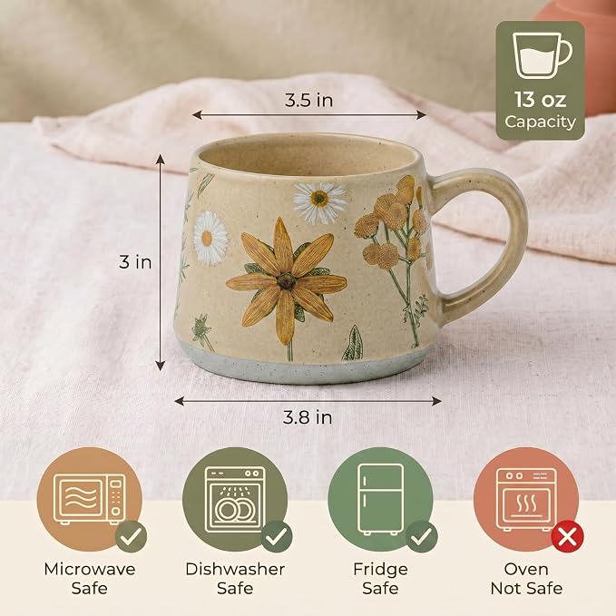 Ceramic Coffee Mug, 13oz Floral Design Pottery cute mugs, Ideal Gift for Women unique vintage pretty coffee mugs (Graceful Bloom)