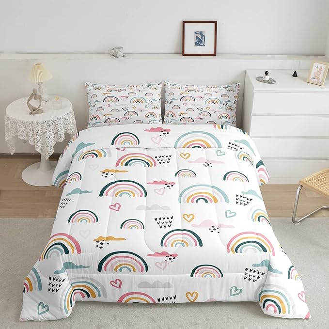 Erosebridal Rainbow Bedding Set for Kids Girls, Pink Love Heart Comforter Set King Size Cartoon Cloud Geometric Stripes Bedding Comforter for Boys Children Women Watercolor Art Girly Duvet Sets