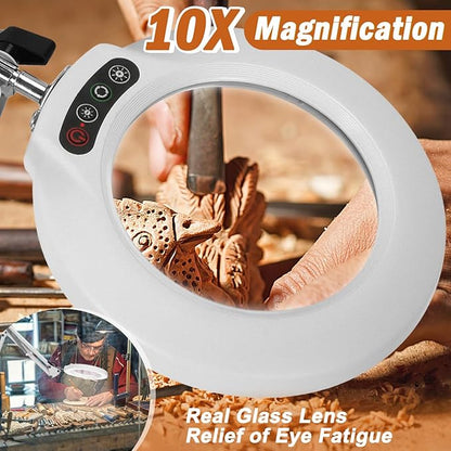 Veemagni 10X Magnifying Glass with Light, 5 Color Modes Stepless Dimmable 2-in-1 Desk Lamp and Clamp, LED Lighted Magnifier with Light and Stand, Hands Free for Craft Hobby Painting Close Work - White