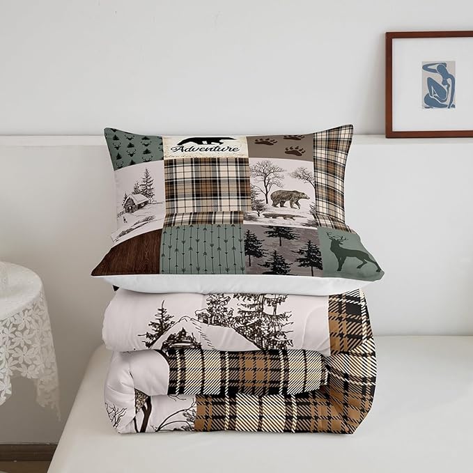 Rustic Farmhouse Kids Comforter Set Twin Size,Deer Antlers Bear Paws Plaids Patchwork Bedding Set for Boys Girls Adults Room Decor,Pine Trees Arrows Down Comforter,Xmas Duvet Insert,1 Pillowcase