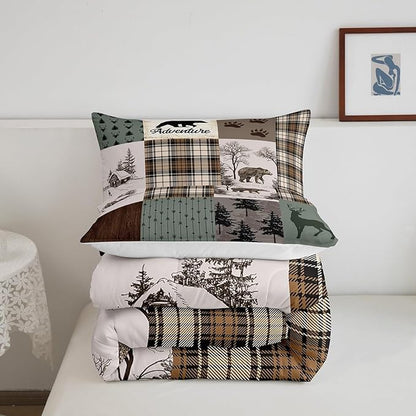 Rustic Farmhouse Kids Comforter Set King Size,Deer Antlers Bear Paws Plaids Patchwork Bedding Set for Boys Girls Adults Room Decor,Pine Trees Arrows Down Comforter,Xmas Duvet Insert,2 Pillowcases