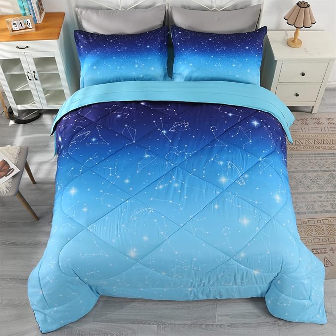 Wowelife Glitter Bedding Set Full Size 5 Pieces Galaxy Comforter Set Blue 3D Galaxy Kids Comforter Sets Lightweight with Comforter, Flat Sheet, Fitted Sheet and 2 Pillowcases