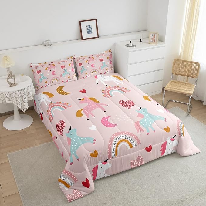 Feelyou Unicorn Comforter Set Kids Cute Cartoon Unicorns Decor Comforter for Girls Pink Bedding Set Rainbow Duvet Set King Size Quilt Boys