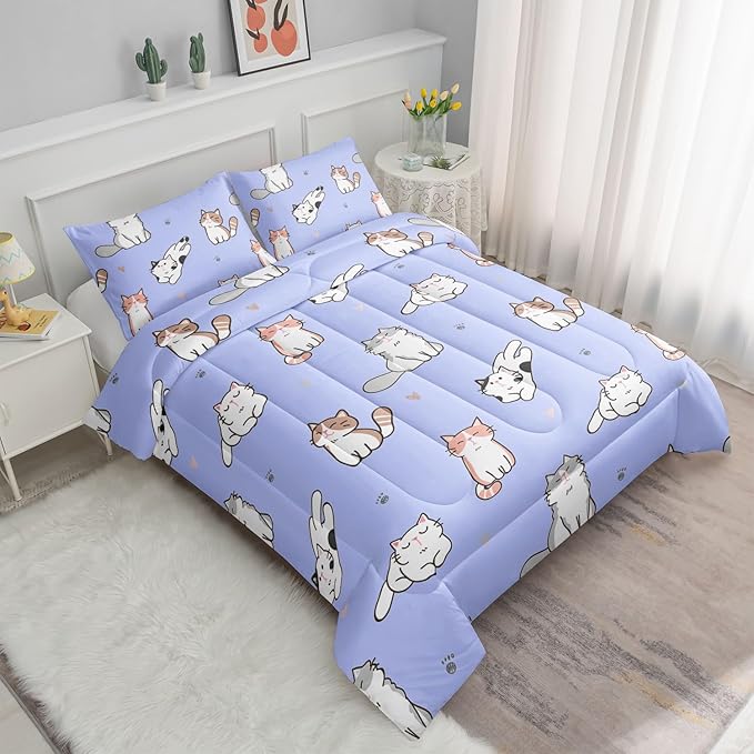 Datura home Purple Kawaii Cat Comforter Bedding Set for Girls Kitten Purple Print Cute Animal Pattern Bedding Set with 1 Comforter and 2 Pillowcases for Girls Bedroom All Season(Cat Purple Full)