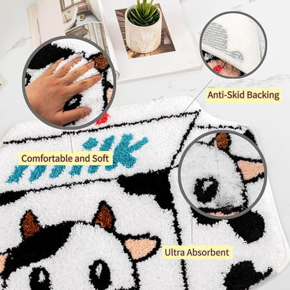 Milk Cow Bathroom Rugs Milk Box Shaped Animals Non Slip Cute Bath Rug Soft Absorbent Microfiber Bathtub Door Mat for Bathroom Kitchen Floor Tub Shower Rug Black White