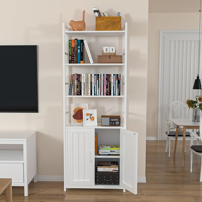 White Bookshelf with Doors,70" Tall Bookcase with Storage Cabinet,6 Tier Book Shelf for Living Room/Bedroom/Home Office/Kitchen,70"(H)*26"(L)*11.8"(W)
