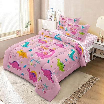 Girls Dinosaur Bedding Full Green Pink Dinosaur Comforter Set, Cute Cartoon Down Comforter for Little Girls Teens Kids Adults Room Decor, Reversible Bed-in-a-Bag 5-Piece Bed Sets