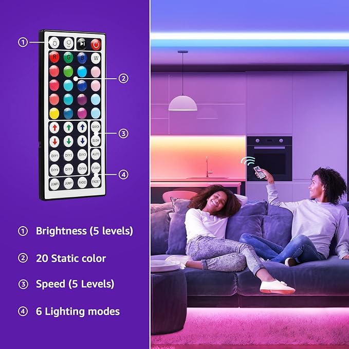Lepro 65.6ft LED Strip Lights, Ultra-Long RGB 5050 LED Strips with Remote Controller and Fixing Clips, Color Changing Tape Light with 12V ETL Listed Adapter for Bedroom, Room, Kitchen, Bar(32.8FTX 2)