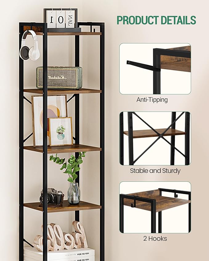 Bookshelf, Book Shelf, Industrial Bookcase with 2 Hooks, Coner Shelf Storage Organizer for Home Office, Living Room, Bedroom, Kitchen, 6-Tier Rustic Brown BC10701B