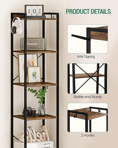 Bookshelf, Book Shelf, Industrial Bookcase with 2 Hooks, Coner Shelf Storage Organizer for Home Office, Living Room, Bedroom, Kitchen, 6-Tier Rustic Brown BC10701B