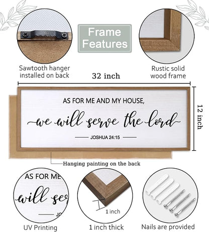 As For Me And My House We Will Serve The Lord Framed Wall Art, 32''×12'' Horizontal Positive Religious Rustic Bible Verse, Vintage Holy Catholic Scripture Decor for Christian God Jesus Christ Prayer
