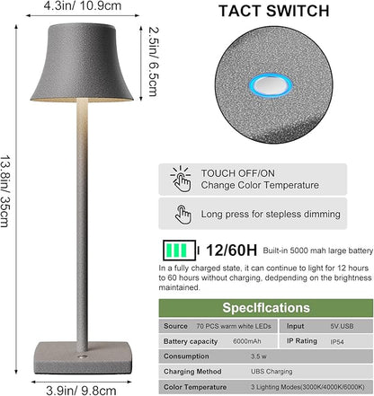 Cordless Table Lamp, Rechargeable LED Battery 5000mAh USB Portable Powered Desk Lamp 3 Levels Brightness Light for Restaurants Bedroom Outdoor (2Pack ferrous gray)