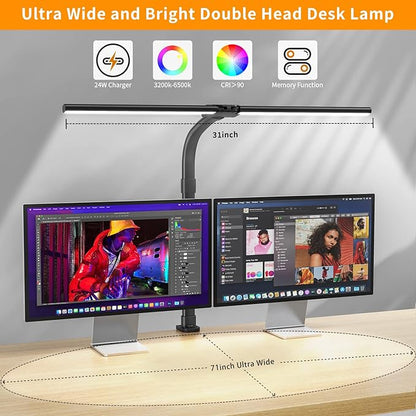 LED Desk Lamp for Home Office - 24W Bright Double Head Desk Light with Clamp Eye Caring Architect Task light 25 Lighting Modes Adjustable Flexible Gooseneck Lamp for Workbench Drafting Study