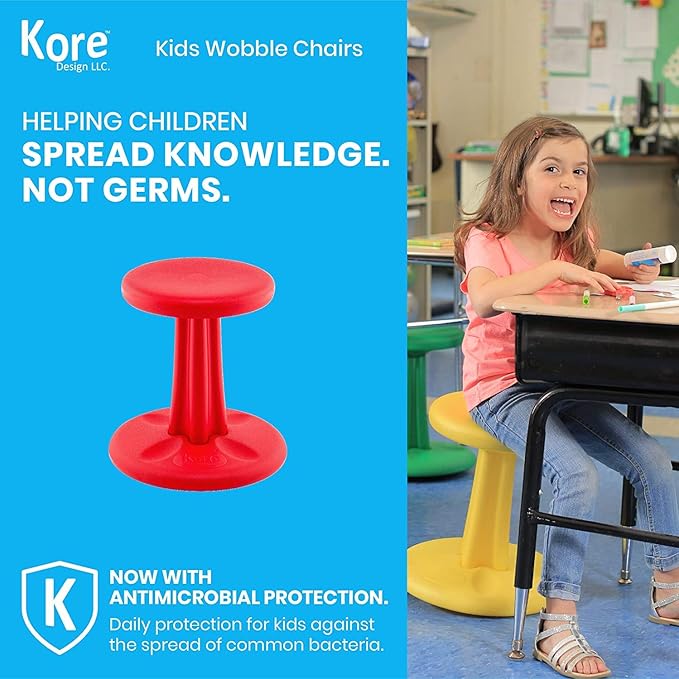 Kore Kids Wobble Chair - Flexible Seating Stool for Classroom & Elementary School, ADD/ADHD - Made in The USA - Age 6-7, Grade 1-2, Red (14in)