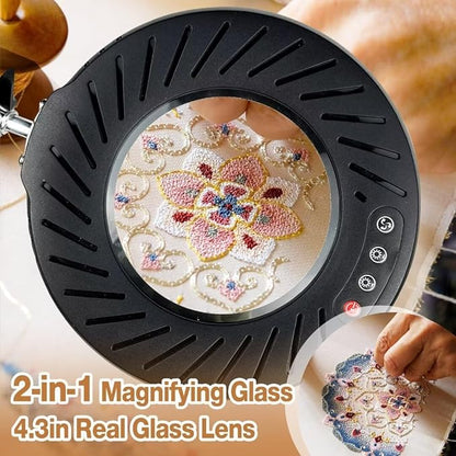 2-in-1 Large Magnifying Glass with Light and Stand-Lighted Magnifying Glass Magnifying Lamp 5 Color Modes Stepless Dimmable-Hands Free Desk Magnifying Glass with Light for Close Work Reading Repair