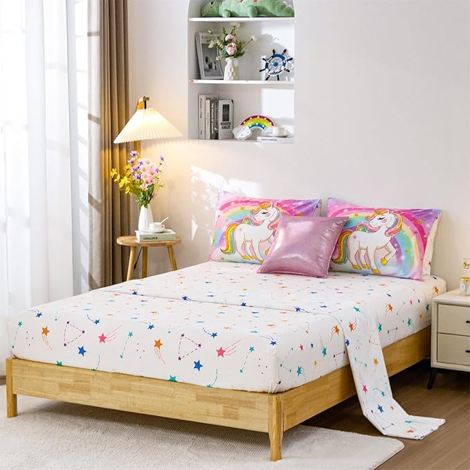 Aimuan Girls Unicorn Comforter Set 6 Pieces Pink Purple Bedding Set with Rainbow Star Galaxy Stars Fantasy Children Room Decor Soft Reversible Bed Sets for Boys/Girls/Teens (Rainbow Twin6Pcs)