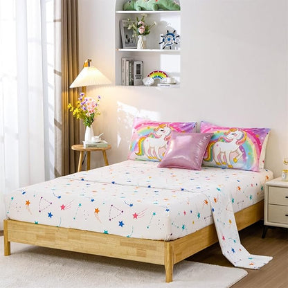 Aimuan Girls Unicorn Comforter Set 6 Pieces Pink Purple Bedding Set with Rainbow Star Galaxy Stars Fantasy Children Room Decor Soft Reversible Bed Sets for Boys/Girls/Teens (Rainbow Twin6Pcs)