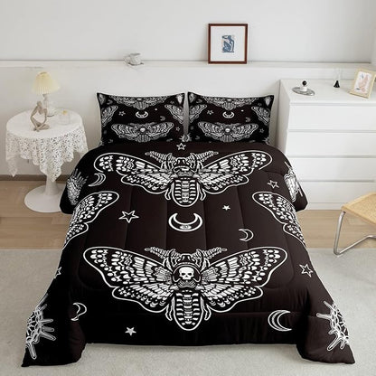 Feelyou Boys Boho Moth Comforter Set Twin Size Men Gothic Skull Bedding Set for Girls Women Bedroom Decor Bohemian Moon Star Comforter Personalized Moth Skull Skeleton Bones Duvet Set Teens Quilt Set