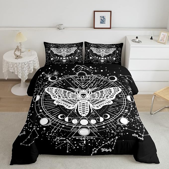 Kids Boho Moth Comforter Set Queen Boys Gothic Skull Bedding Set For Men Women Bedroom Decor Bohemian Moon Starry Sky Comforter Exotic Moth Skull Skeleton Bones Duvet Set Teens Quilt Set, Black White