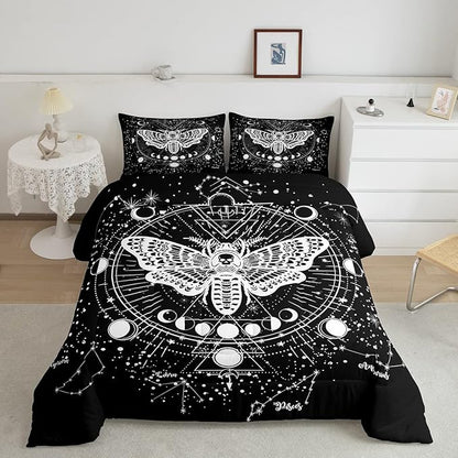 Gothic Decor Comforter Set Twin Size Boys Boho Moth Down Comforter Men Gothic Sugar Skull Comforter Galaxy Starry Sky Halloween Gothic Bedding For Kids Girls Women Bedroom Decor, Black White