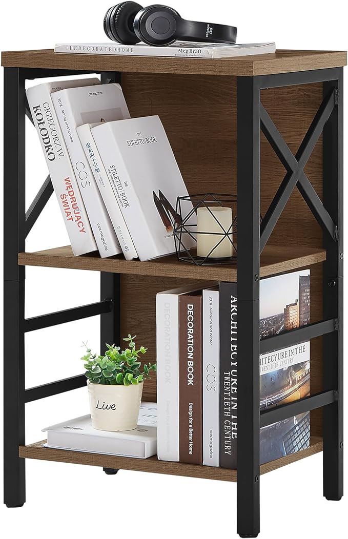Bookcase, Industrial Small Bookshelf,3-Tier Bookcase Storage Organizer, Small Book Shelf for Small Spaces, Living Room, Bedroom and Home Office, Brown