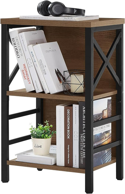 Bookcase, Industrial Small Bookshelf,3-Tier Bookcase Storage Organizer, Small Book Shelf for Small Spaces, Living Room, Bedroom and Home Office, Brown