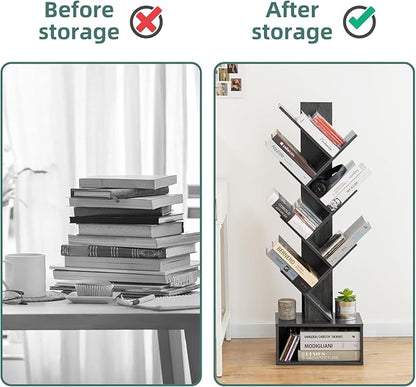 Yoobure Tree Bookshelf - 6 Shelf Retro Floor Standing Bookcase, Tall Wood Book Storage Rack for CDs/Movies/Books, Utility Book Organizer Shelves for Bedroom, Living Room, Home Office, Dark Grey