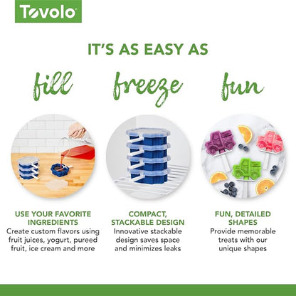 Tovolo Truck Popsicle Mold Pack of 4 Silicone Ice Pop Makers with Sticks for Kids, Stackable Construction Vehicle Shaped Frozen Treats, BPA Free Dishwasher Safe Truck Molds for Popsicles