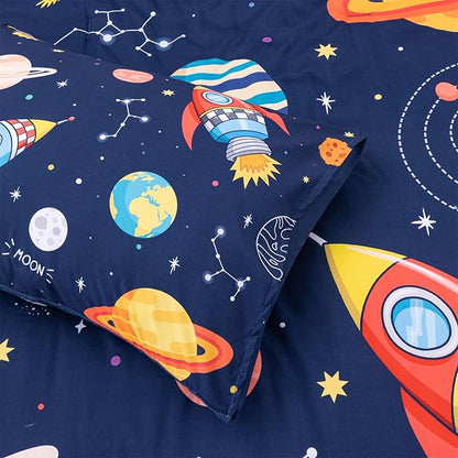 Aimuan Space Comforter Twin Set Kids Rocket Bedding Set Super Soft & Cute Aliens UFO Printed for Boys Girls Teen (Navy, Twin 5Pcs)