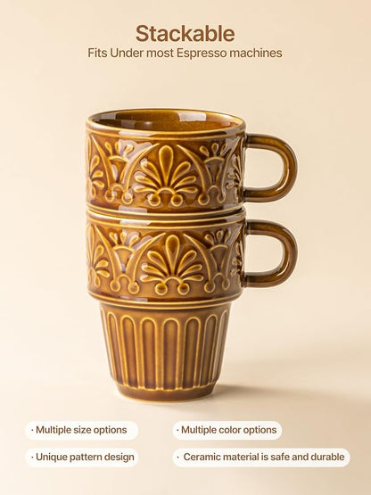 Ceramic Coffee Mug, Stackable Mug 3.3 OZ Coffee Mugs, Espresso Cups, Mugs Set of 6 for Latte Milk Hot Chocolate, for Men Women Kids, Ideal for Home Restaurant Daily Use & Holiday Gifting, Brown