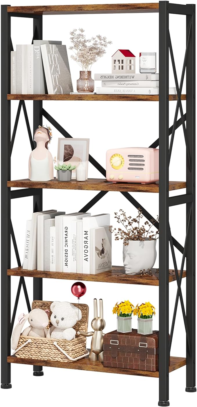 5-Tier Bookshelf,Wood Bookcase,Book Shelf with Steel Frame, Storage Rack with Open Shelves, Rustic Standing Bookshelves Ladder Shelf 110lbs/shelf for Bedroom,Living Room and Home Office