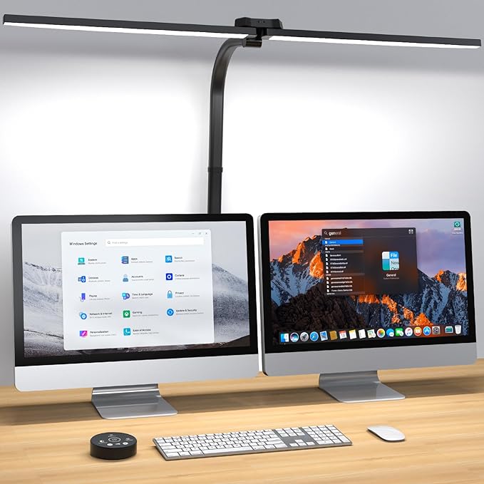 LED Desk Lamp for Home Office, Dual Head Architect Lamp with Clamp, Desk Light for Dual Computer Monitor, 24W 2000LM Dimmable, 2700K/4500K/6500K Adjustable, Gooseneck Desk Lighting for Workbench Study