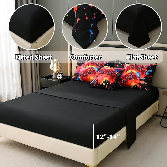 Full Size Gamer Comforter Set for Boys, Game Controller 6 Pcs Bed in a Bag Full Gaming Bediing Set for Boys Kids
